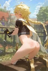 1male aether_(genshin_impact) ai_generated ass ass_focus boots exhibitionism exhibitionist exibitionism femboy femboysub genshin_impact male male_only spanking twink yaoi yellow_eyes