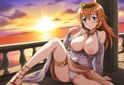 1girls ai_generated breasts_out charlotte_e._yeager column jewelry large_breasts laurel_crown looking_at_viewer nipples ocean outdoors sitting smile strike_witches sunset white_panties world_witches_series