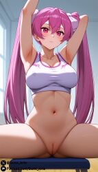 ai_generated akame_ga_kill! arm_behind_head arm_up blush cleavage covered_nipples gumi_arts hair_ornament indoors large_breasts long_hair looking_at_viewer mine_(akame_ga_kill!) navel pink_eyes pink_hair pussy sitting sports_bra stable_diffusion stretching thick_thighs twintails