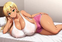 1girls ai_generated blonde_hair covered_nipples dolphin_shorts gigantic_breasts green_eyes gyaru laying_on_bed laying_on_side long_hair midriff original pink_shorts sagging_breasts self_upload shirt shorts skindentation smug tan tank_top thick_thighs white_shirt white_tank_top yoshi_tama_(style)