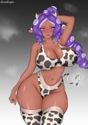 1girls big_breasts cow_ears cow_horns cow_print cow_print_bra cow_print_panties cow_print_thighhighs cow_tail dark-skinned_female dark_skin daruko536 drill_hair female female_only hand_behind_head horns indie_virtual_youtuber long_hair looking_at_viewer mommaocco octoling_girl octopus_girl octopus_humanoid purple_eyes purple_eyeshadow purple_hair purple_lipstick smiling smiling_at_viewer solo splatoon tail tentacle_hair thick_thighs very_high_resolution virtual_youtuber wide_hips