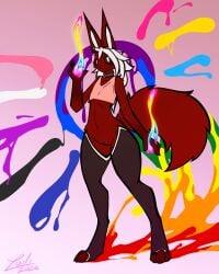 4:5 absurd_res ambiguous_gender anthro black_sclera bottomless clothed clothing collar crop_top demon ear_tuft fluffy fluffy_tail fur genderfluid_pride_colors genitals hair hi_res legwear lgbt_pride lodi_(artist) lodi_(character) long_hair magic magic_user paint paint_splatter pansexual_pride_colors pink_clothing pink_crop_top pink_shirt pink_topwear pride_colors pussy red_body red_fur shirt smile smiling_at_viewer solo tail thigh_highs topwear tuft underwear white_hair