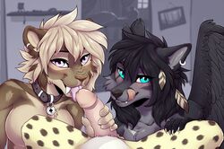 2015 acino anthro canine cheetah collar f-r95 falla fangs feline female group group_sex hioshiru hioshiru_(character) licking licking_lips male mammal oral sabertooth sex threesome tongue tongue_out wolf