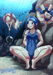 2girls ai_(foxeye) arms_behind_back blue_eyes blue_hair blue_port:_the_summer_memories bound bound_wrists breasts chains collarbone female fish foxeye_(artist) iron_ball moka_(foxeye) one-piece_swimsuit original_character pigtails pink_hair school_swimsuit shackles short_hair small_breasts swimsuit underwater