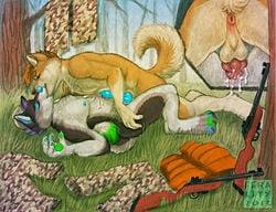 2013 anthro anus ass black_fur blue_penis canine close-up closed_eyes cum cum_in_ass cum_inside cum_on_chest duo ferality forest fur furry grass gun hair kissing lying male mammal missionary_position multicolored_fur multicolored_hair nude on_back on_top orange_fur orange_hair penis ranged_weapon rear_view sex side_view sparkledog tree weapon yaoi