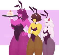 1ambiguous 1boy 1girls ambiguous_gender arms_crossed big_breasts boss_monster_(undertale) bulge bunny_ears bunny_tail bunnysuit closed_eyes covered_eyes deltarune detached_collar detached_sleeves exqmaster eyes_covered female femboy furry girly glasses goat goat_humanoid hair_covering_eyes hand_on_hip heart highleg highleg_leotard holding_object holding_plate horns human kris_(deltarune) maid pantyhose purple_hair purple_skin ralsei ralsei_with_white_fur round_glasses scalie short_hair shoulder_length_hair simple_background strapless strapless_leotard susie_(deltarune) thick_thighs undertale white_fur yellow_skin