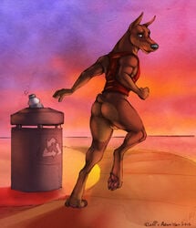 1boy 2015 adam_wan anthro ass ball balls bottle bottomless canine clothed clothing doberman dog fleki fur furry half-dressed male male_only mammal shirt solo trash_can