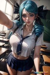 ai_generated anime anime_style belly_button big_breasts blue_eyes blue_hair breasts chair clavicle day daytime female female_focus female_only focus from_above from_front_position gwen_(league_of_legends) hair_ribbon hourglass_figure large_breasts league_of_legends light light-skinned light-skinned_female light_blue_hair light_body light_skin lighting lips lipstick looking_at_viewer miniskirt necktie pov realistic riot_games school school_chair school_girl school_swimsuit school_uniform schoolgirl schoolgirl_uniform selfie selfie_pose serious serious_face serious_look shiny shiny_clothes shiny_hair shiny_skin shirt sky4maleja thick_thighs tie watermark window window_light