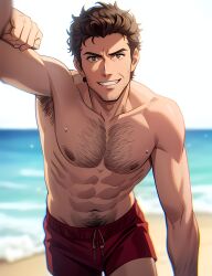 abs ai_generated anime_style armpit_hair armpits arms_up bara beach blue_eyes body_hair chest chest_hair crouching curly_hair david_hasselhoff dilf lifeguard male male_focus males_only muscle muscles muscular muscular_arms muscular_male nipples non-web_source pecs pectorals pov real_person sweaty