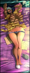 arms_up bangs barefoot bed black_hair blue_eyes bob_cut breasts breasts_apart dark-skinned_female dark_skin egyptian eliza_(skullgirls) feet female huge_breasts kamina1978 large_breasts looking_at_viewer lying messy_hair no_bra on_back open_clothes parted_lips pillow pubic_hair short_hair single_shoe skullgirls sleep_mask smile striped striped_panties underwear vertical-striped_panties vertical_stripes wide_hips