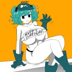 1girls artist_name barely_clothed big_breasts blue_hair blush blush_lines boots breasts cyan_hair english_text fanart happy_birthday hat long_gloves meme mob_face nitori_kawashiro nono_(notnoe) orange_background partially_clothed seireiart sitting smile text thick_thighs thighs thong touhou twintails underboob watermark waving white_skin