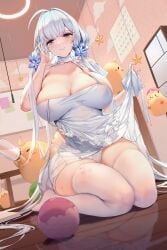 1girls azur_lane blush calendar_(object) illustrious_(azur_lane) illustrious_(our_private_"study"_session)_(azur_lane) kneeling large_breasts lifted_by_self light-skinned_female light_skin living_room low-angle_view manjuu_(azur_lane) milf milk_bottle nipple_bulge panties royal_navy_(azur_lane) seductive_look sitting_on_floor smile thick_thighs