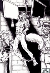 1girls 2boys asphyxiation bound bulldog canine caprine chains female fox fur furry gallows goat hanged mammal monochrome muff multiple_boys nipples nude pussy ronin rope text