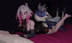 2girls 3d ass ass ass_grab ass_sniffing ass_worship bed blender briar_(league_of_legends) butt_grab butt_sniffing butt_worship crossover face_in_ass feet feet_up furina_(genshin_impact) hat hoyoverse league_of_legends lying_on_bed lying_on_stomach mihoyo purple_background riot_games shocked shocked_expression simple_background vampire vampire_girl white_hair yuri yuri