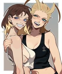 2girls :d absurdres antenna_hair aqua_eyes arm_around_shoulder arm_at_side artist_self-insert black_tank_top blonde_hair blue_eyes blush breasts brown_hair clothing crop_top digital_drawing_(artwork) disney duo ear_piercing earrings female from_side fully_clothed gray_background grey_background grin hair_slicked_back hand_on_another&#039;s_shoulder highres jewelry kingdom_hearts larxene light_skin long_hair looking_ahead looking_at_viewer medium_breasts midriff multicolored_hair multiple_girls navel no_sex nobody_(kingdom_hearts) nose_piercing open_mouth organization_xiii original_character piercing plain_background porqueloin pose posing posing_for_the_viewer sideboob simple_background slim slim_arms smile square_enix standing straight_hair stud_earrings tank_top teeth tongue two-tone_hair upper_body white_tank_top