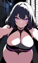 ai_generated black_hair myaim original_character pervert pervert_female purple_eyes smile smile_at_viewer smiley_face tagme