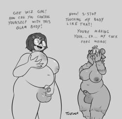 2futas bbw big_balls big_breasts bodyswap braces chubby_belly chubby_futanari dark_hair darkened_genitalia dialogue earrings erect_penis fondling_breast fully_nude furry futa_only glasses glasses_shine hair_pin human human_on_anthro humanoid_penis light_hair medium_penis nerdy_futa original_characters ram_horns sheep_ears sheep_girl smiling toby_art touching_penis wide_hips