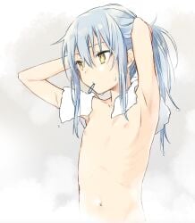 1boy 1other ambiguous_gender androgynous blue_hair canon_genderswap cute female female/ambiguous girly mature mikoto_kei nipples nude nude_female petite petite_body pose rimuru_tempest rule_63 sexless sexy_armpits tensei_shitara_slime_datta_ken towel towel_only tying_hair yellow_eyes