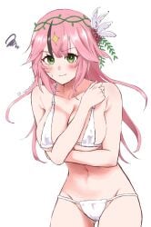 1103mochimochi blush covering_breasts embarrassed green_eyes lan_(tower_of_fantasy) pink_hair tower_of_fantasy underwear white_bra white_panties