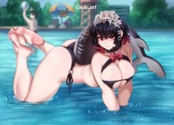 1girls 2024 artist_name ass ass_up bikini black_hair breast_squeeze breasts cacto_art cleavage collar ellen_joe feet feet_up female highres large_breasts looking_at_viewer maid maid_headdress partially_submerged red_eyes red_hair shark shark_girl shark_tail short_hair solo solo_female swimming_pool swimsuit swimwear tail watermark zenless_zone_zero