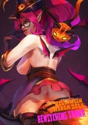 bewitching_janna big_breasts breasts_out broom glasses green_eyes halloween janna_windforce league_of_legends monorirogue riot_games round_glasses witch witch_costume witch_hat