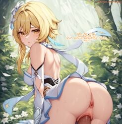 ai_generated anus ass backless_outfit bangs bare_shoulders blonde_hair blush clothes_pull clothing dress english_text feather_hair_ornament female female flower from_behind genshin_impact hair_flower hair_ornament lenjoy looking_at_viewer looking_back lumine_(genshin_impact) medium_breasts nature nopan outdoors parted_lips penis sex sex_from_behind sidelocks skirt_lift solo_focus straight sweat thighs uncensored vagina vaginal_penetration watermark white_dress white_flower white_scarf yellow_eyes