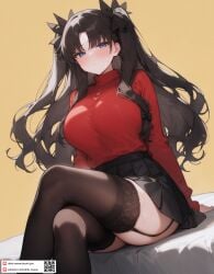 ai_generated alternate_breast_size black_hair black_skirt black_thighhighs blue_eyes blush breasts closed_mouth crossed_legs dmk_meow fate/stay_night fate_(series) feet_out_of_frame female garter_straps hair_ribbon jewelry large_breasts long_hair long_sleeves looking_at_viewer miniskirt necklace parted_bangs patreon_username pleated_skirt red_sweater ribbon shirt simple_background sitting skirt solo stockings sweat sweater thighhighs thighs tohsaka_rin turtleneck turtleneck_sweater two_side_up yellow_background zettai_ryouiki