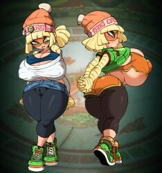 2d 2d_(artwork) arms_(game) ass ass_expansion bangs beanie blonde_hair breast_expansion breasts cleavage female green_eyes jellot looking_at_viewer looking_away looking_back mask min_min_(arms) nintendo nipples no_bra short_hair shorts sideboob socks sports_bra stretching sweat sweatdrop tank_top thighs tights yoga_pants