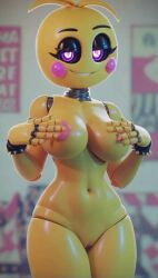 1girls 3d ai ai_generated animatronic animatronic_female animatronic_girl breasts five_nights_at_freddy's five_nights_at_freddy's_2 glowing_eyes hands_on_breasts looking_at_viewer naked naked_female nipples nude nude_female pink_eyes smiling smiling_at_viewer toy_chica_(fnaf) vagina yellow_body