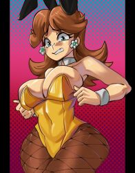 1girls alternate_costume big_breasts breasts brown_hair bunnysuit colorful female female_only fishnets mario_(series) moxydrawsmore nervous_expression nintendo pantyhose princess_daisy solo thick_thighs yellow_leotard