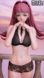 1girls 3d black_lingerie breasts earrings female female_only fire_emblem fire_emblem:_three_houses foulveins hilda_valentine_goneril lingerie long_hair looking_at_viewer medium_breasts nintendo pink_eyes pink_hair ponytail railing solo