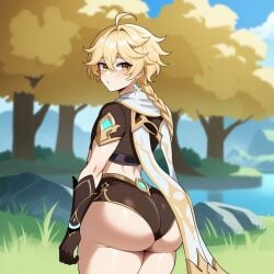 1boy aether_(genshin_impact) ai_generated back_view big_ass big_butt blonde_hair blonde_hair_male blonde_male curvy_ass femboy forest_background gay genshin_impact male male_only mondstadt standing thick_ass thick_thighs twink uwuyaimak