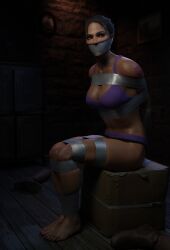 3d african african_female bondage bound bound_arms bound_legs bra brown_skin brown_skinned_female dark-skinned_female gag gagged lord_kamski panties purple_bra resident_evil resident_evil_5 sheva_alomar tape_gag underwear