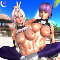 1:1_aspect_ratio 2girls 3d 3d_render abs ayane_(doa) beach blue_eyes breasts clothes_lift clothing day dead_or_alive dead_or_alive_xtreme_venus_vacation female gloves headband headwear high_resolution large_breasts legwear lips luna_(dead_or_alive) luna_(doa) multiple_girls muscle navel nipples nude outdoors pink_hair purple_hair red_eyes shiny shiny_skin shirt shirt_lift short_hair sitting sky thighhighs v very_high_resolution white_hair yuri