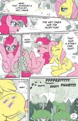 ! anus blush cutie_mark english_text equine eyelashes fart flower fluttershy_(mlp) friendship_is_magic gassipon kyokimute mammal my_little_pony pegasus pinkie_pie_(mlp) plant pussy straight_hair text tree wings