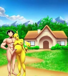 anthro balls breasts casual_nudity female_pokemon human_on_anthro male_human/female_pokemon penis pikachu pokemon pokemon_(species) pokephilia pregnant pregnant_belly pussy satoshi_(pokemon)