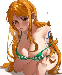 1girls bare_arms bare_legs bare_shoulders bare_thighs big_breasts bikini bikini_bottom bikini_top blush clothed clothing color female female_focus female_only hi_res large_breasts light-skinned_female light_skin looking_at_viewer nami nami_(one_piece) one_piece orange_eyes orange_hair post-timeskip shounen_jump siokosho_kinoko solo solo_female tagme tattoo thick_thighs