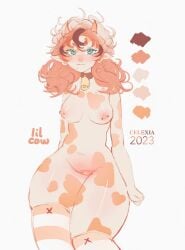 2023 animal_humanoid anthro artist_name bell bell_collar blue_eyes bovid bovid_humanoid bovine bovine_humanoid brown_collar cattle_humanoid clothing collar color_swatch digital_media_(artwork) female hi_res horn humanoid legwear mammal mammal_humanoid nipples nude orange_body orange_horn pink_nipples portrait sassybelly simple_background solo standing tan_body thick_thighs thigh_highs three-quarter_portrait white_background