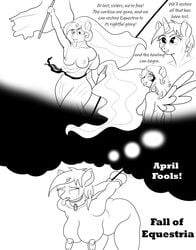 2015 anthro anthrofied april_fools areola bent_over big_breasts black_and_white bound breast_milking breasts clothing collar comic crying dialogue dream dress english_text equine fall_of_equestria female flag friendship_is_magic horn lactation mammal mitts monochrome my_little_pony nipples nude pegasus princess_celestia_(mlp) severed_horn slave tears text tongue tongue_out torn_clothing unicorn unknown_artist upset wings