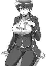 confusion female female_only full_body fully_clothed gender_transformation genderswap_(mtf) gintama hijikata_toshiro inukkoro looking_at_breasts looking_down medium_breasts monochrome nervous nipple_bulge no_bra police_officer police_uniform rule_63 shinsengumi_(gintama) short_hair sitting solo straining_buttons tight_clothing very_short_hair