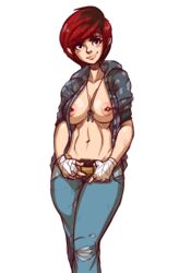 1girls belt between_breasts black_eyes black_hair blush breasts brown_eyes dead_or_alive female female_only jeans key looking_at_viewer mila_(doa) mrsteak navel necklace_between_breasts nipple_piercing nipples open_clothes open_shirt pubic_hair red_hair short_hair sketch solo standing tecmo tomboy two_tone_hair