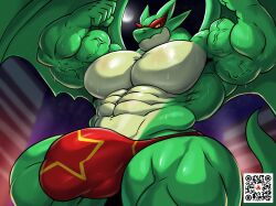 abs anthro biceps big_bulge big_muscles bodily_fluids bulge claws clothing dragon flexing green_body hi_res kings_of_hell looking_at_viewer mal_leviathan male mask masterelrest moon muscular muscular_anthro muscular_male mythological_creature mythological_scalie mythology pecs qr_code red_clothing red_underwear scalie solo sweat sweaty_body tail thick_thighs underwear vein veiny_muscles yellow_eyes