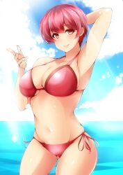 1girls alternate_costume armpits bikini cowboy_shot en_(paorasuteki) est_(fire_emblem) fire_emblem fire_emblem:_mystery_of_the_emblem fire_emblem:_shadow_dragon_and_the_blade_of_light looking_at_viewer nintendo pink_bikini pink_eyes pink_hair pink_swimsuit short_hair standing standing_in_water swimsuit thighs water