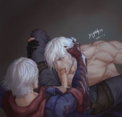 bara blue_eyes clothed clothed_male_nude_male cum_drip cum_on_face dante devil_may_cry dilf erect_penis erection facial_hair gay gay_sex handsome handsome_man incest muscular_bottom muscular_male nero_(devil_may_cry) older_male oral penis realistic small_dom_big_sub sucking_penis sucking_tip uncle_and_nephew yaoi younger_dom_older_sub younger_male