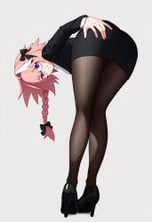 1boy ai_generated artist_request astolfo_(fate) bent_over braided_hair braided_ponytail business_suit commission fate/grand_order fate_(series) femboy femboy_only fully_clothed hair_streak high_heels looking_at_viewer looking_back male male_only office_clothing pantyhose pink_hair pixiv_commission presenting presenting_ass purple_eyes rear_view secretary secretary_outfit smile solo tagme_(artist) trap