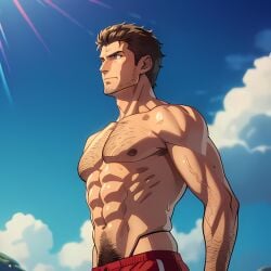 abs ai_generated anime_style blue_eyes body_hair chest chest_hair david_hasselhoff gay lifeguard male_focus muscle muscles muscular_male nipples non-web_source pecs pectorals real_person red_shorts stubble topless_male