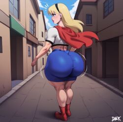 ai_generated big_ass blonde_hair cape city dc dc_comics justice_league_unlimited kara_zor-el red_shoes skirt supergirl superheroine walking