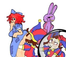 alternate_version_at_source anthro ass ass_up ass_visible_through_thighs blush breasts clothed clothing facesitting female hi_res humanoid irougaki jax_(the_amazing_digital_circus) jester jester_hat jester_outfit lagomorph leporid looking_at_another male mammal multiple_girls open_mouth pink_clothing pomni_(the_amazing_digital_circus) rabbit ragatha ragatha_(the_amazing_digital_circus) smiling taller_dom taller_female the_amazing_digital_circus trio