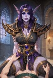 ai_generated big_breasts black_sclera blue_eyes body_markings clothed_female clothed_female_nude_male cum_on_body cum_on_lower_body cumshot ejaculation femdom forehead_jewel grabbing_waist purple_hair size_difference small_male small_penis thick_thighs thighhighs void_elf world_of_warcraft xal'atath