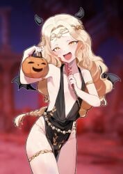 1boy :d armlet black_dress blonde_hair blurry blurry_background braid charles_(gu599) circlet commentary_request cosplay demon_horns demon_wings dress elden_ring fake_horns fake_wings femboy femboy_only fromsoftware furrowed_brow game_screenshot_background gu599 halloween halloween_costume highres holding holding_needle holding_pumpkin horns jewelry korean_commentary long_hair miquella needle notice_lines open_mouth osugaki pumpkin queen_marika_the_eternal_(cosplay) screenshot_background shadow_of_the_erdtree smile solo standing thighlet trap v-neck wings yellow_eyes